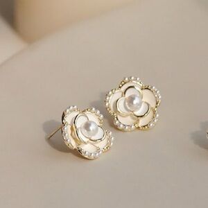 Pearl Camellia Flower Earrings: 18K Gold Plated Studs